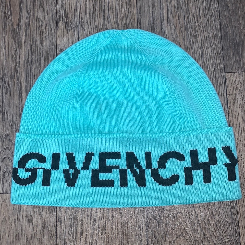 Givenchy Adult Unisex Split Logo Wool Beanie in Turquoise w black font, preloved